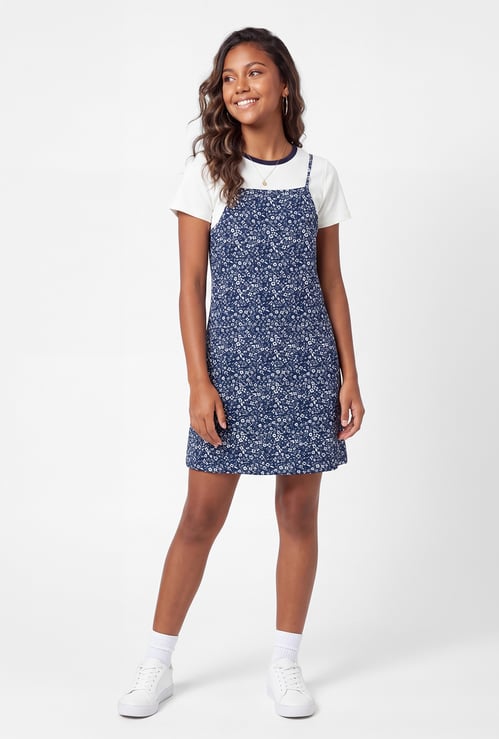 Girls Floral Print Pinafore Dress with T-Shirt