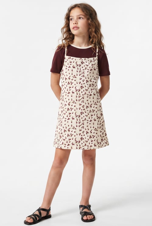 Girls Printed Pinafore Dress with Top