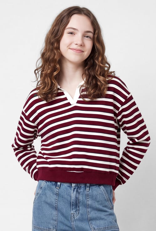 Girls Striped Johnny Collar T-shirt