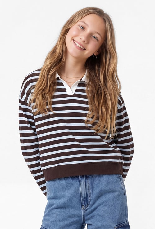 Girls Striped Johnny Collar T-shirt