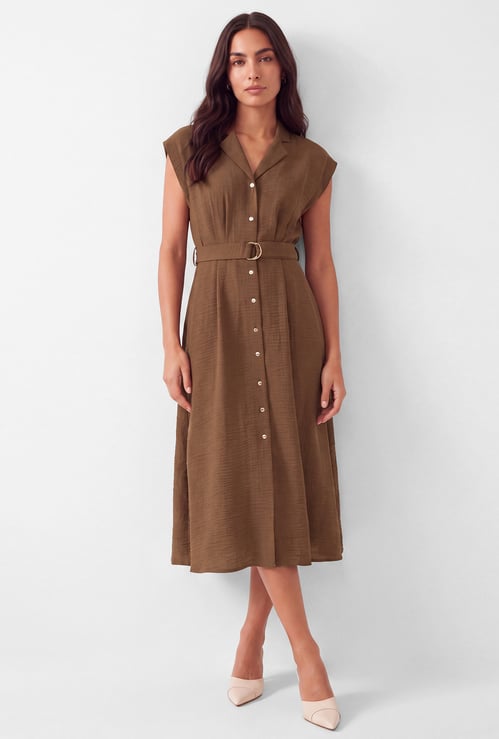 Women Textured Belted Midi Shirt xDress
