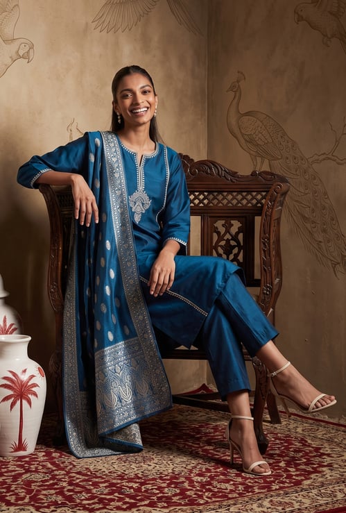 Women Woven Design Straight Kurta Set