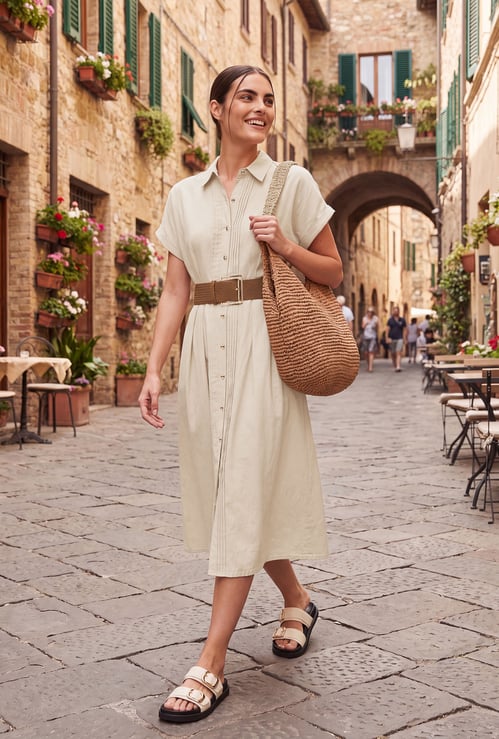 Women Solid Belted Shirt Dress