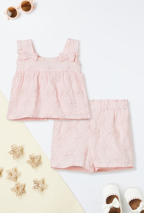 Girls Floral Embroidered Shorts Set