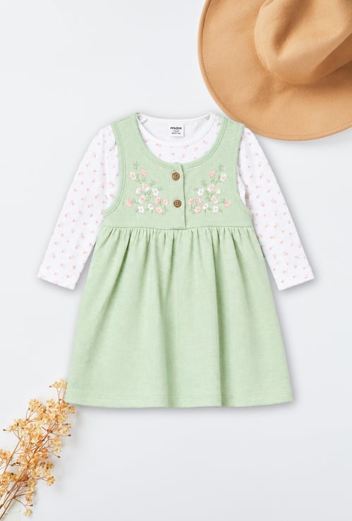 Girls Floral Embroidered Pinafore Dress with T-shirt