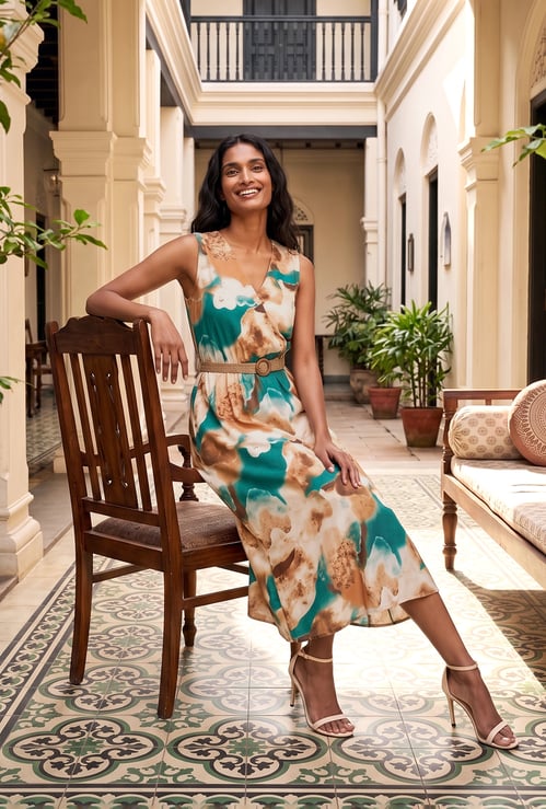 Women Printed Midi Dress with Belt