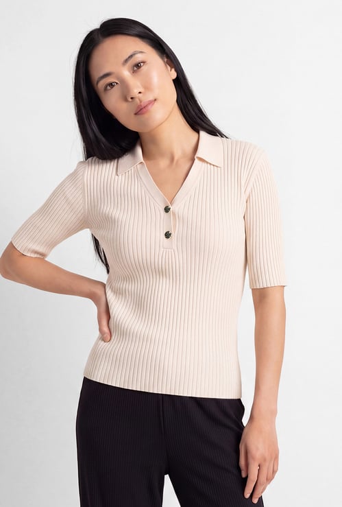 Women Ribbed Collared Top