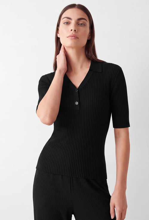 Women Ribbed Collared Top