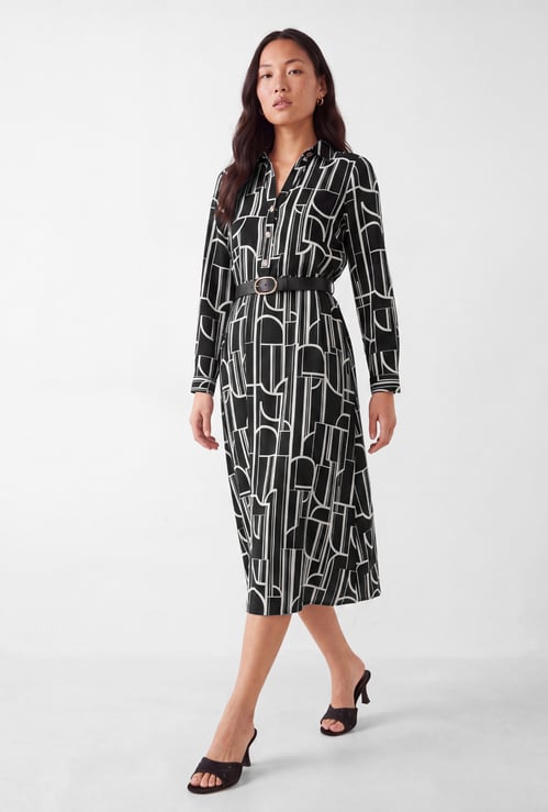 Women Printed Belted Shirt Dress