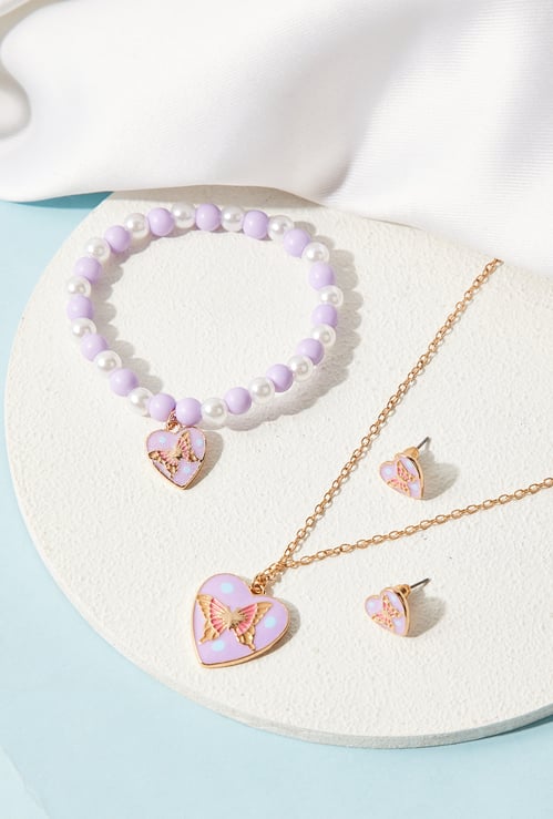 Girls Heart Butterfly Necklace Set with Bracelet
