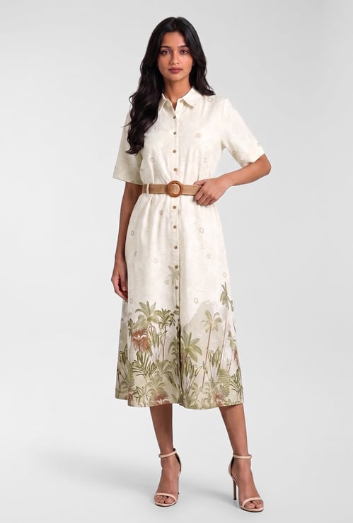 Women Printed Midi Dress with Belt