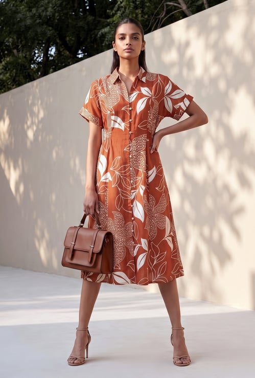 Women Printed Midi Shirt Dress