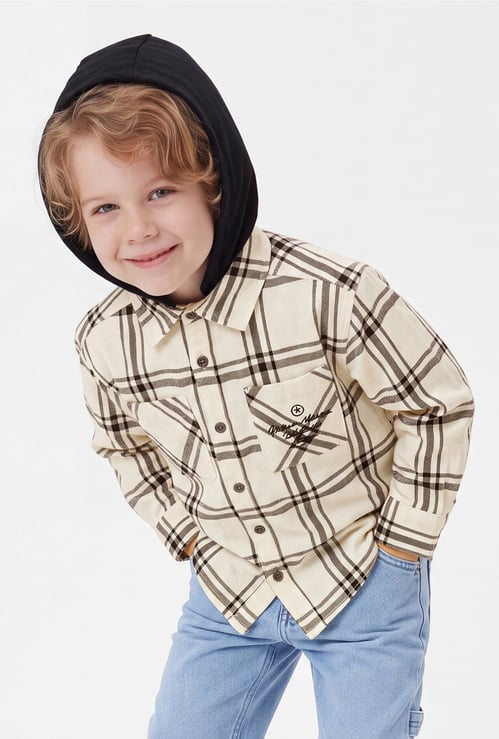 Boys Checked Hooded Shirt