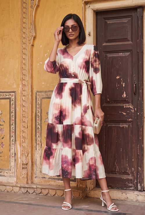 Women Printed Midi Dress with Tie-up Belt