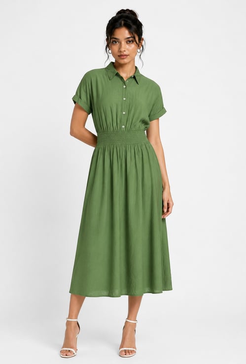 Women Smocked Waist Midi Dress