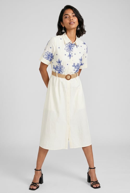 Women Embroidered Belted Midi Dress