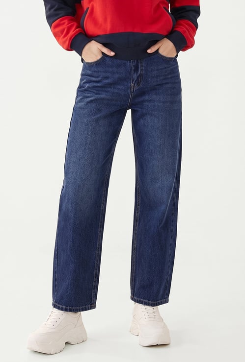 Women Washed High Rise Barrel Fit Jeans