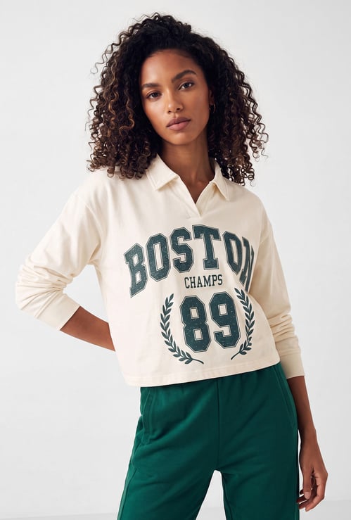 Women Boston Champs Printed Johnny Collar T-shirt