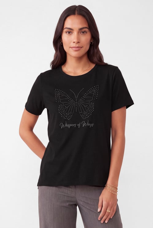Women Butterfly Embellished T-shirt