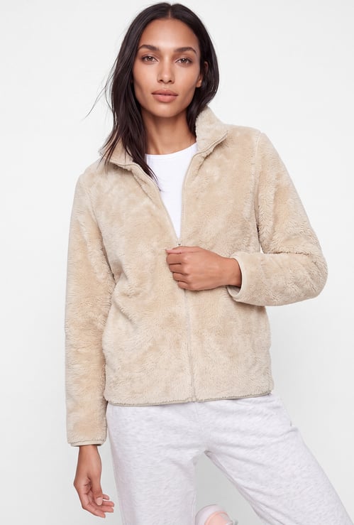 Women Fur-Textured Stand Collar Jacket