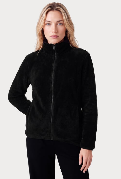 Women Fur-Textured Stand Collar Jacket