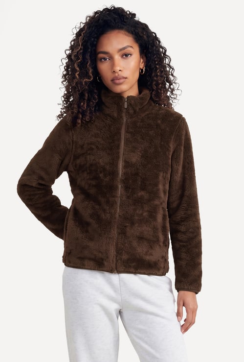 Women Fur-Textured Stand Collar Jacket