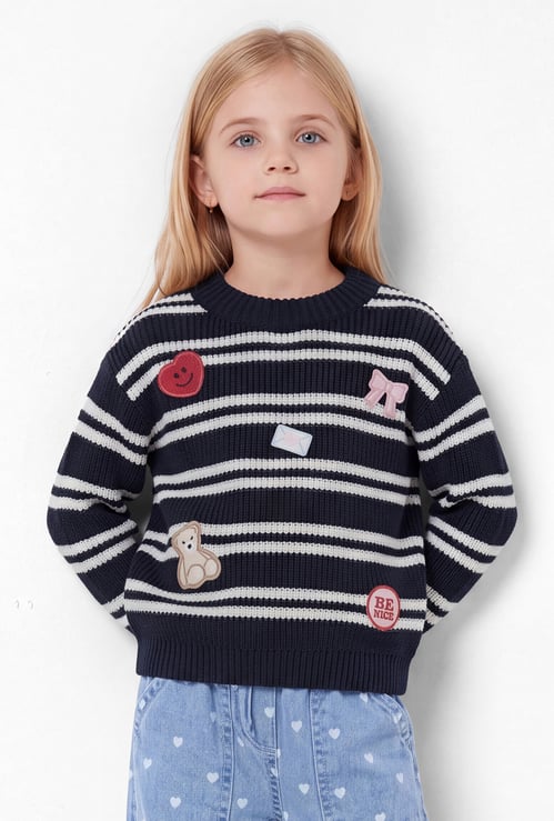 Girls Striped Applique Drop-Shoulder Sweater