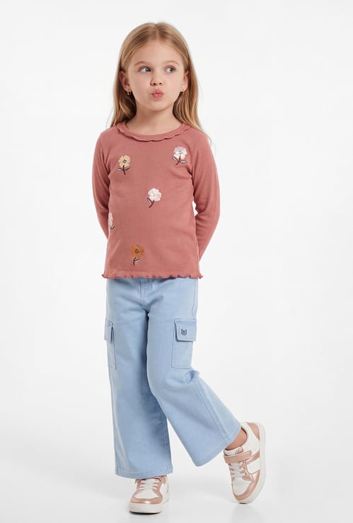 Girls Embroidered Lettuce Hem Top