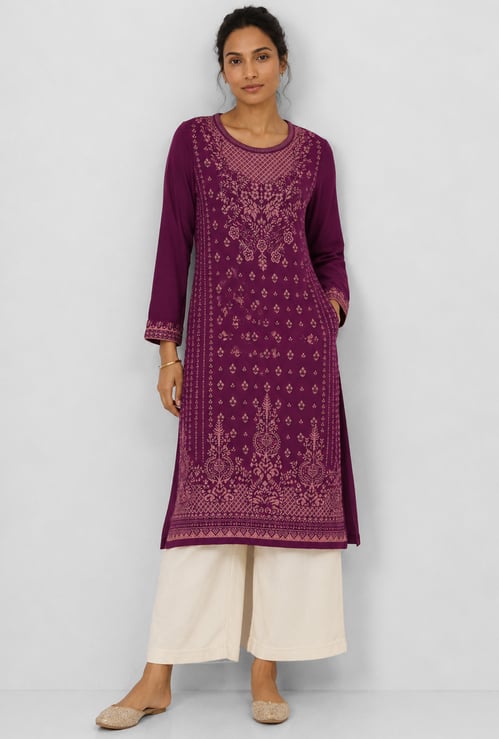 Women Embroidered Straight Winter Kurta