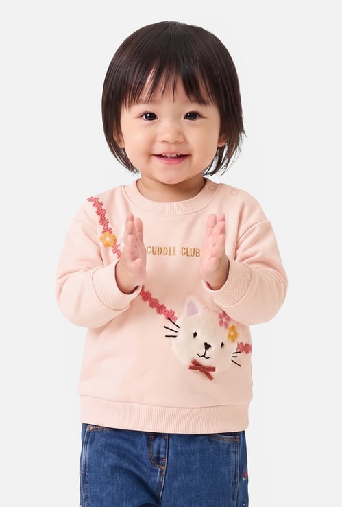 Girls Cat Embroidered Pullover Sweatshirt