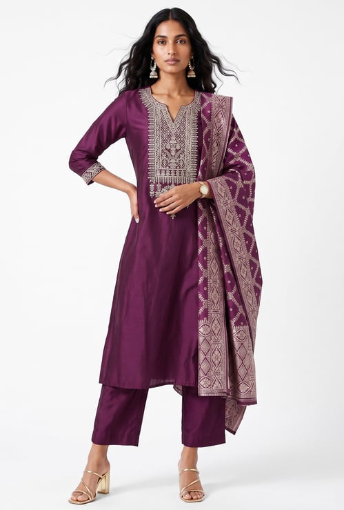 Women Embroidered A-line Kurta Set with Dupatta