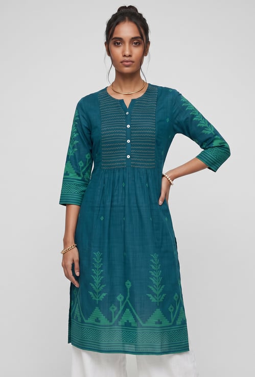 Women Smocked Yoke Straight Kurta