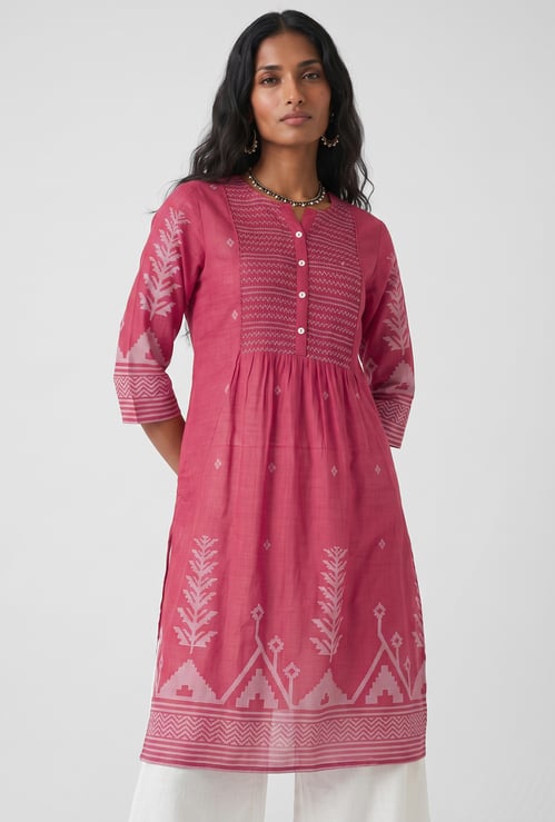 Women Smocked Yoke Straight Kurta