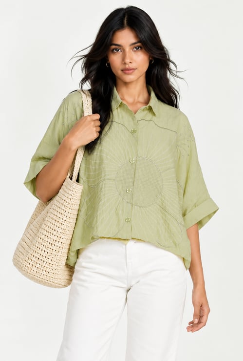 Women Shirt Collar Embroidered Tunic