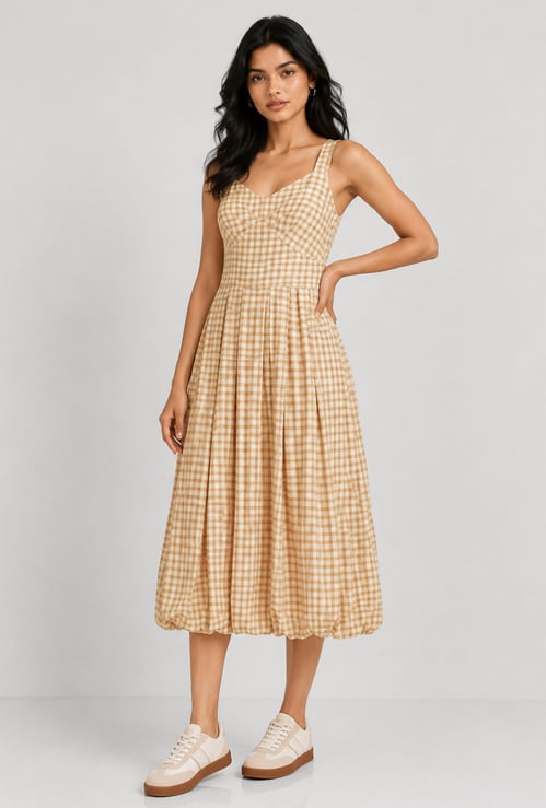 Women Checked Balloon Dress