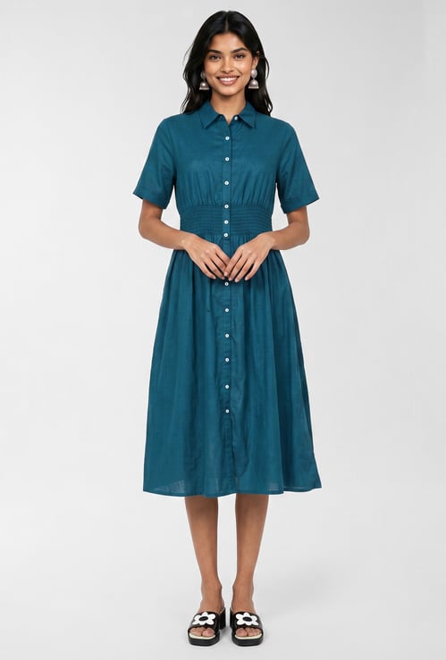 Women Solid Smocked Shirt Dress
