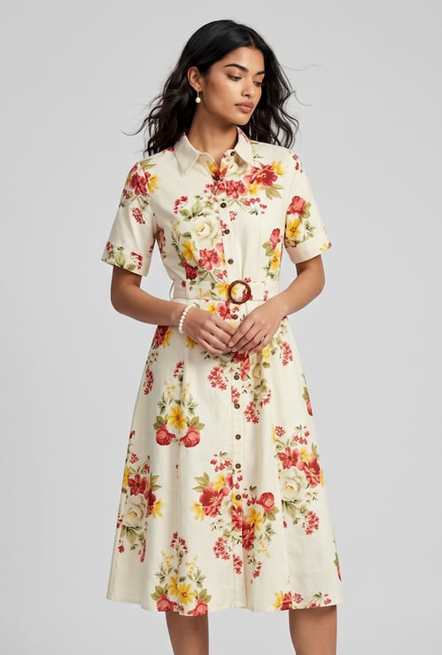 Women Floral Print Belted Shirt Dress