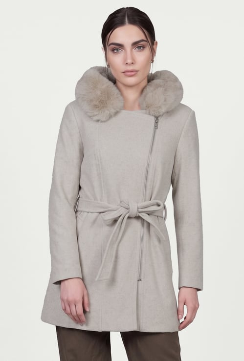 Women Belted Wrap Coat with Hooded Fur Collar.