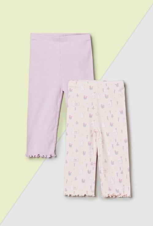 Girls Ribbed and Printed Leggings - Pack of 2
