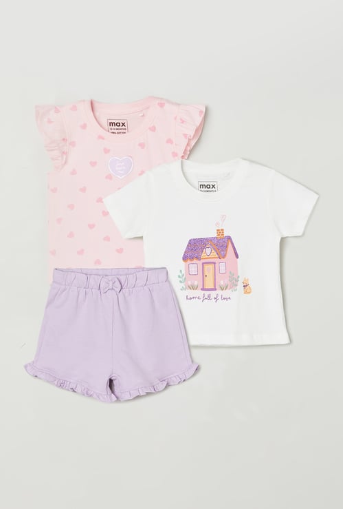 Girls Printed Tops - Pack of 2 Tops & 1 Shorts