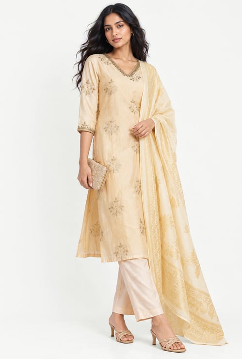 Women Embroidered Straight Kurta Set with Dupatta