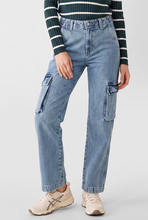 Women Light Wash High-Rise Cargo Jeans