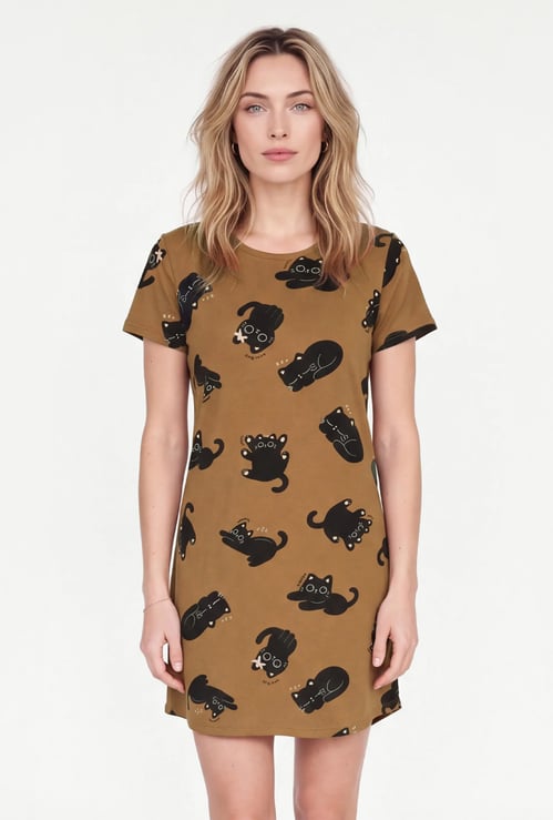 Women Cat Printed Nightdress
