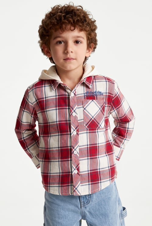 Boys Checked Hooded Shirt