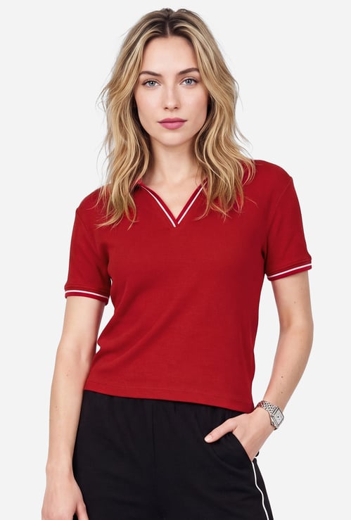 Women Johnny Collar Sporty T-shirt