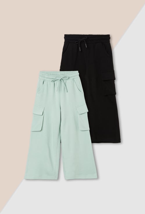 Girls Solid Cargo Track Pants - Pack of 2
