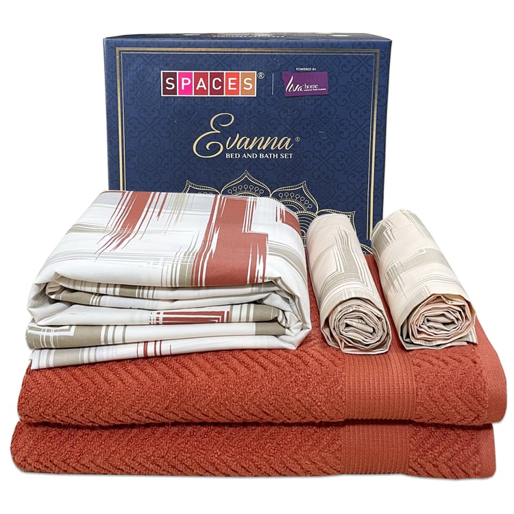 SPACES Evanna Cotton 210TC Printed 5Pcs Queen Bedsheet and Bath Towel Set