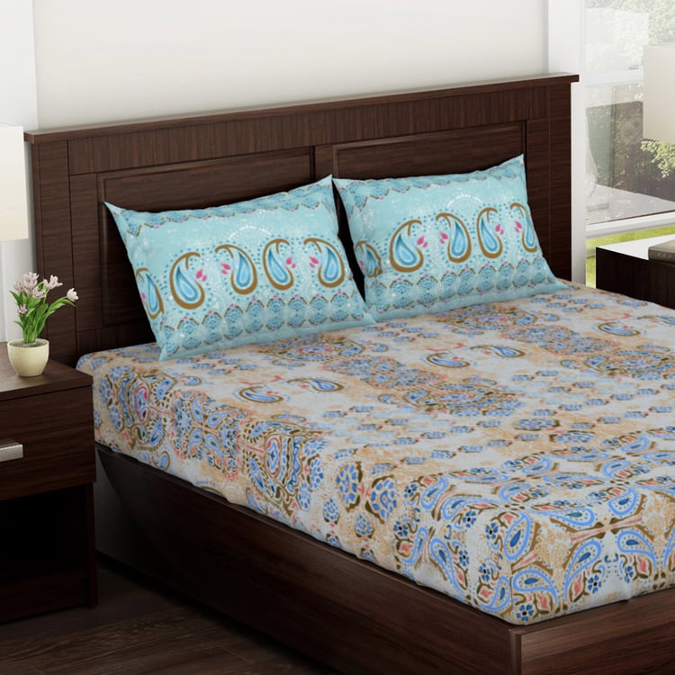 SPACES Essentials Blue Paisley Printed Cotton Super King Bedsheet Set - 274x274cm - 3Pcs