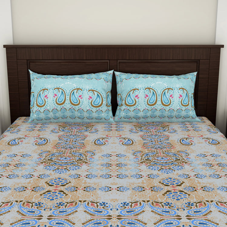 SPACES Essentials Blue Paisley Printed Cotton Super King Bedsheet Set - 274x274cm - 3Pcs