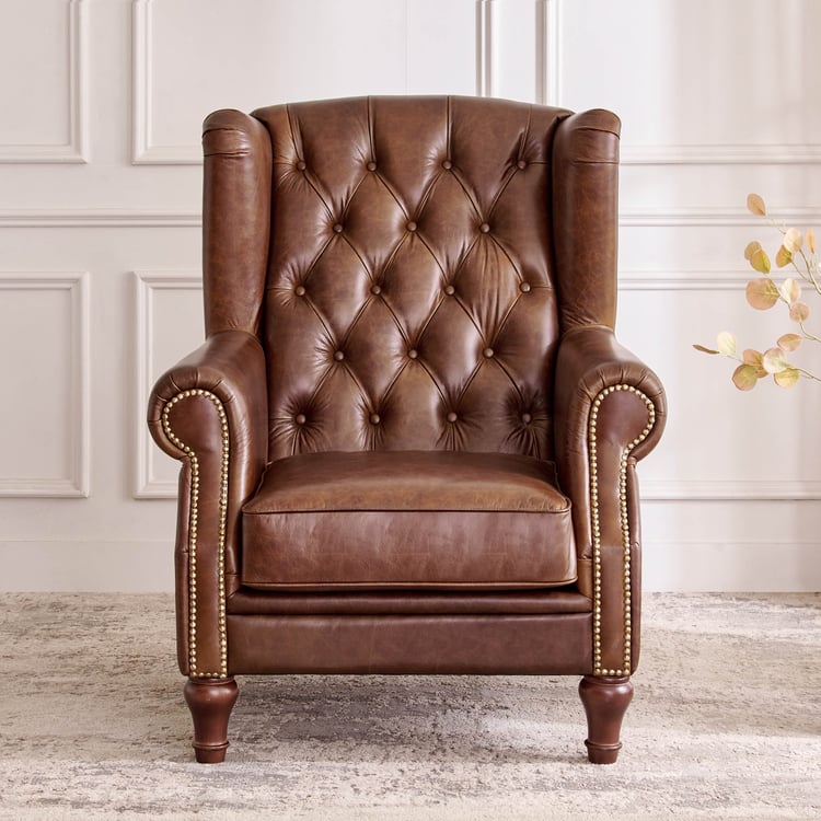 Chesterfield Leather Wing Chair - Brown